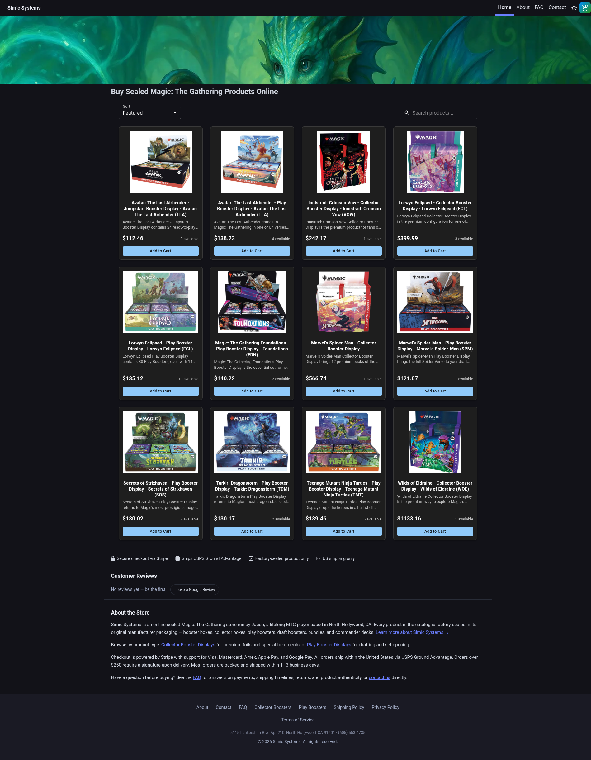 The Simic Systems homepage showing the product grid of sealed Magic The Gathering booster displays